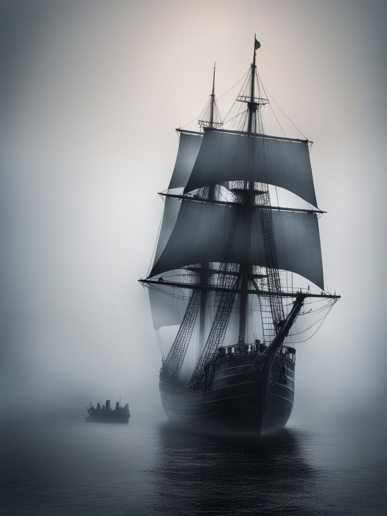 mysterious ghost ship sailing through a fogshrouded,