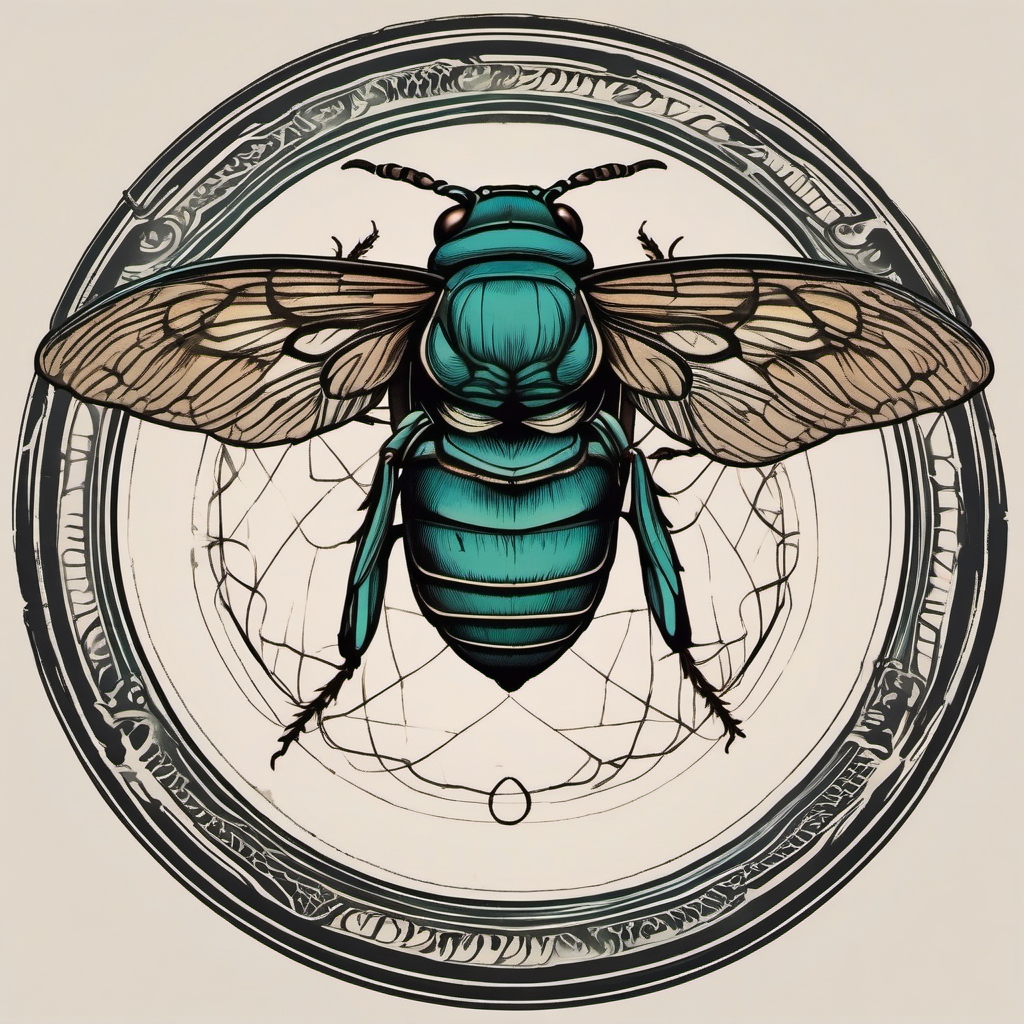 Cicada trails forming a circle ink: Embracing the cyclical nature of life and rebirth.  simple color tattoo style