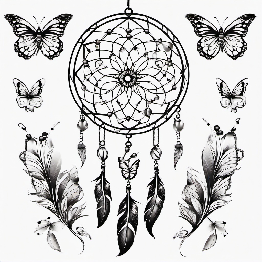 Dreamcatcher with Butterflies Tattoo - Dreamcatcher tattoo combined with butterfly motifs.  simple vector tattoo,minimalist,white background