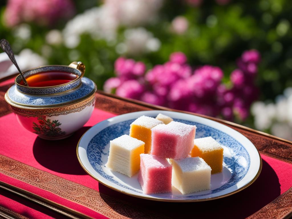 turkish delight, lokum, savored at a tranquil garden tea ceremony in istanbul. 