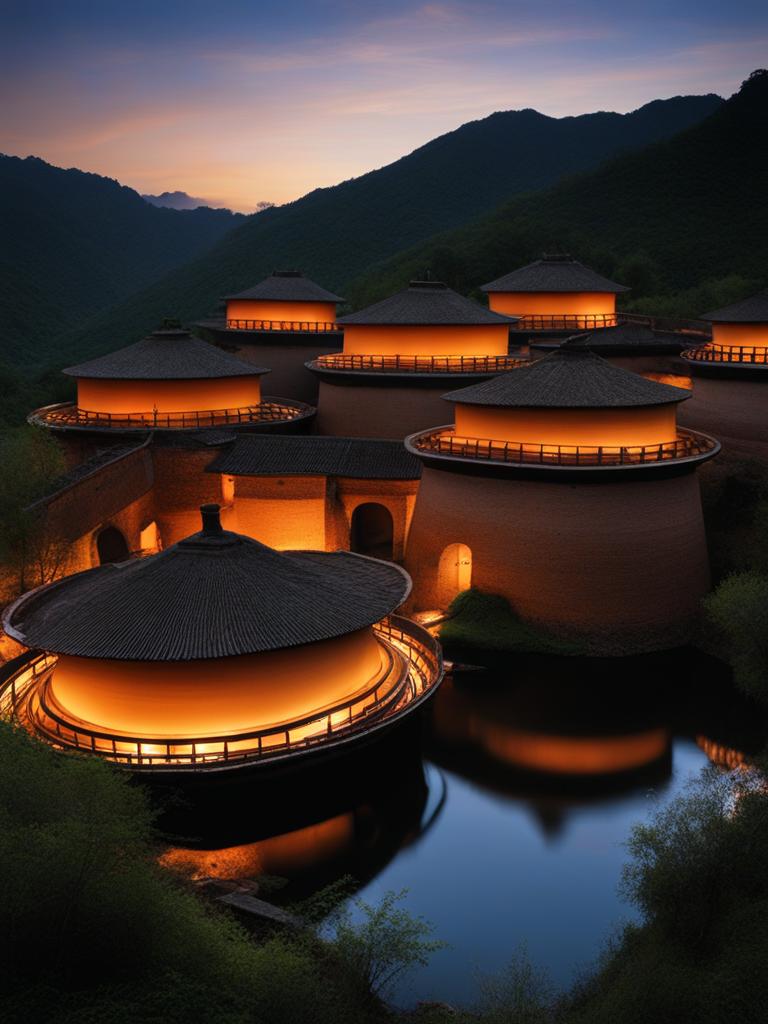 tulou clusters - paint the unique tulou earthen buildings at night, with their circular architecture and intricate details bathed in warm light. 