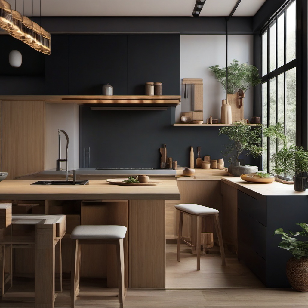 Japanese Zen Culinary Haven - Create a serene and minimalistic Japanese-inspired kitchen. , kitchen layout design ideas, multicoloured, photo realistic, hyper detail, high resolution,