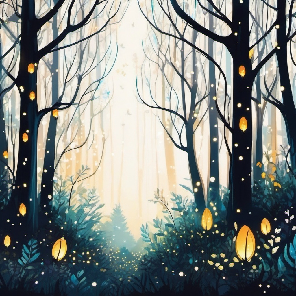 Magical Firefly Grove - A whimsical forest scene with fireflies dancing among the trees.  simple color tattoo,white background