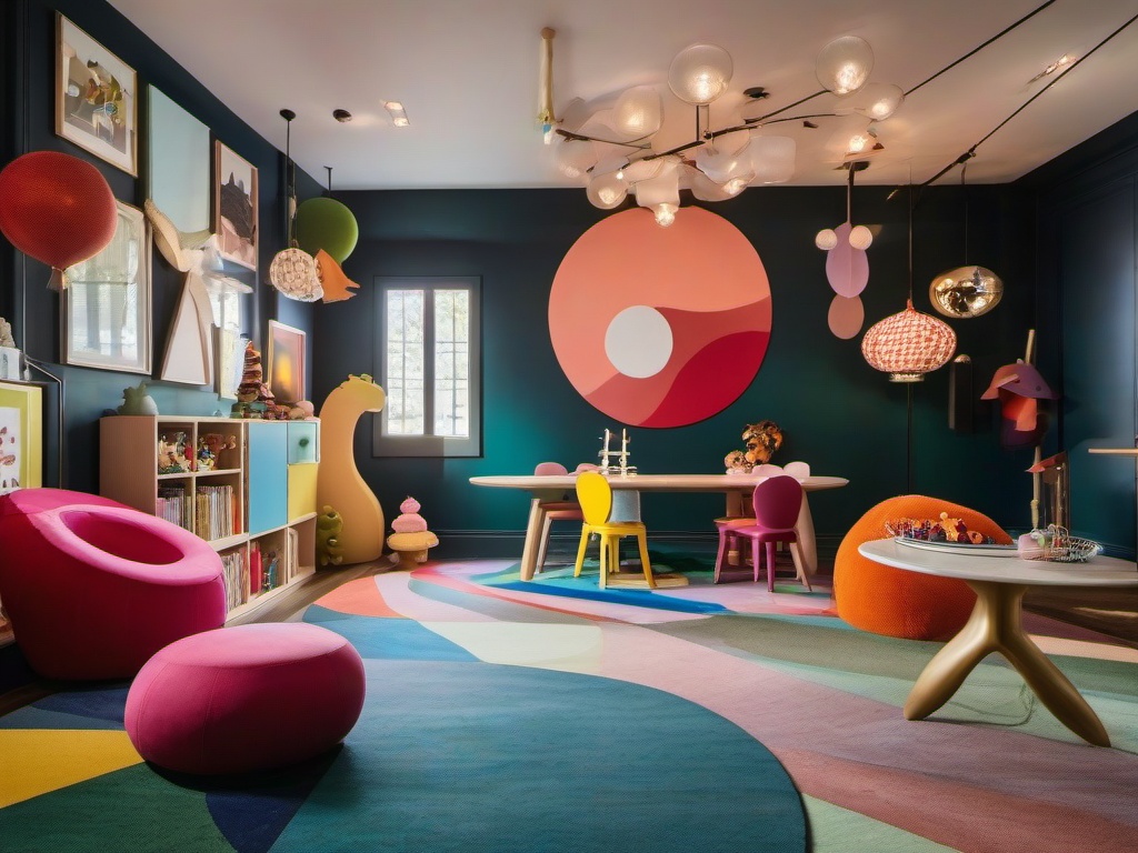 The playroom embodies surrealist interior design with eclectic furnishings, dreamlike decor, and a whimsical atmosphere, providing a unique space for children's activities.  