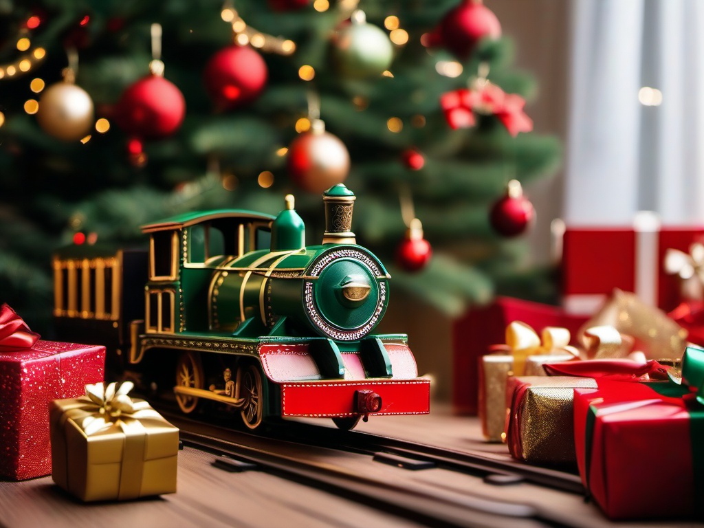 Christmas wallpaper - Toy train set under a Christmas tree surrounded by presents  aesthetic background wallpaper