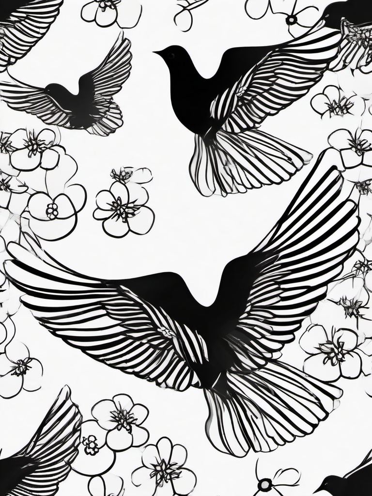 drawing of doves with flowers  minimal rough sketch scribbles,doodles,black and white