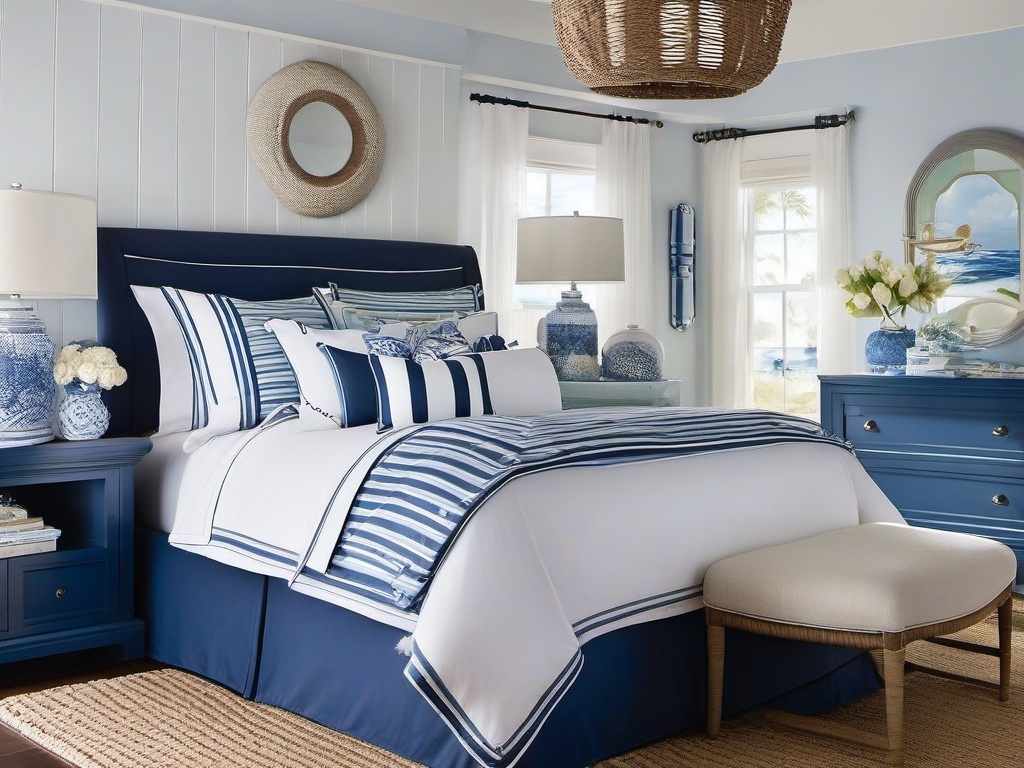 Nautical master bedroom showcases blue and white bedding, seashell accents, and weather-resistant furniture that evoke a breezy seaside atmosphere.  