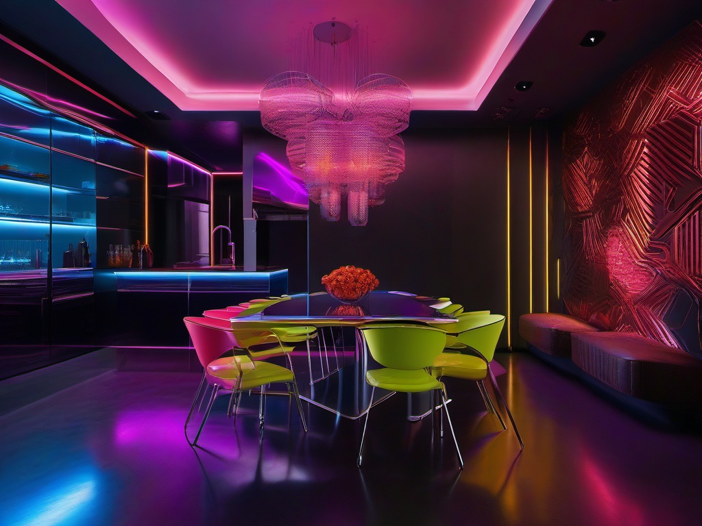 The dining room embodies cyberpunk interior design with a metallic table, neon-accented chairs, and dynamic wall art that infuses energy into every meal.  