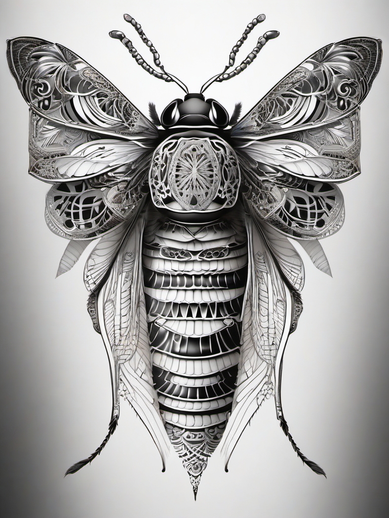 Cicada with intricate mandala patterns ink: Fusion of symmetry and the insect's beauty.  black white tattoo, white background