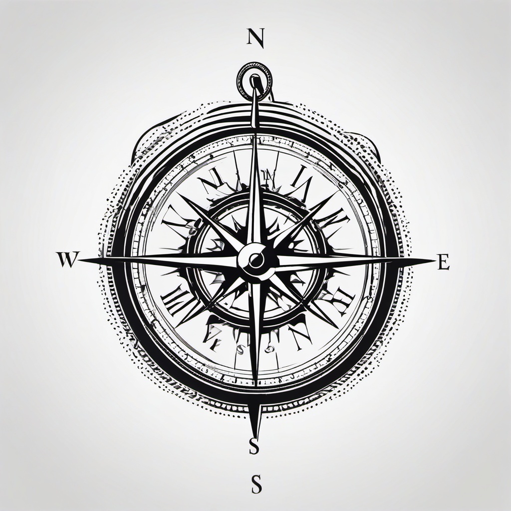 Compass with Clock Tattoo - Tattoo featuring both a compass and clock.  simple vector tattoo,minimalist,white background