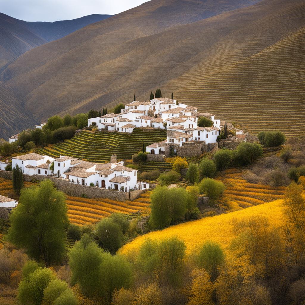 untouched alpujarras villages - paint a scene from the untouched alpujarras villages in the sierra nevada, with terraced fields and traditional architecture. 