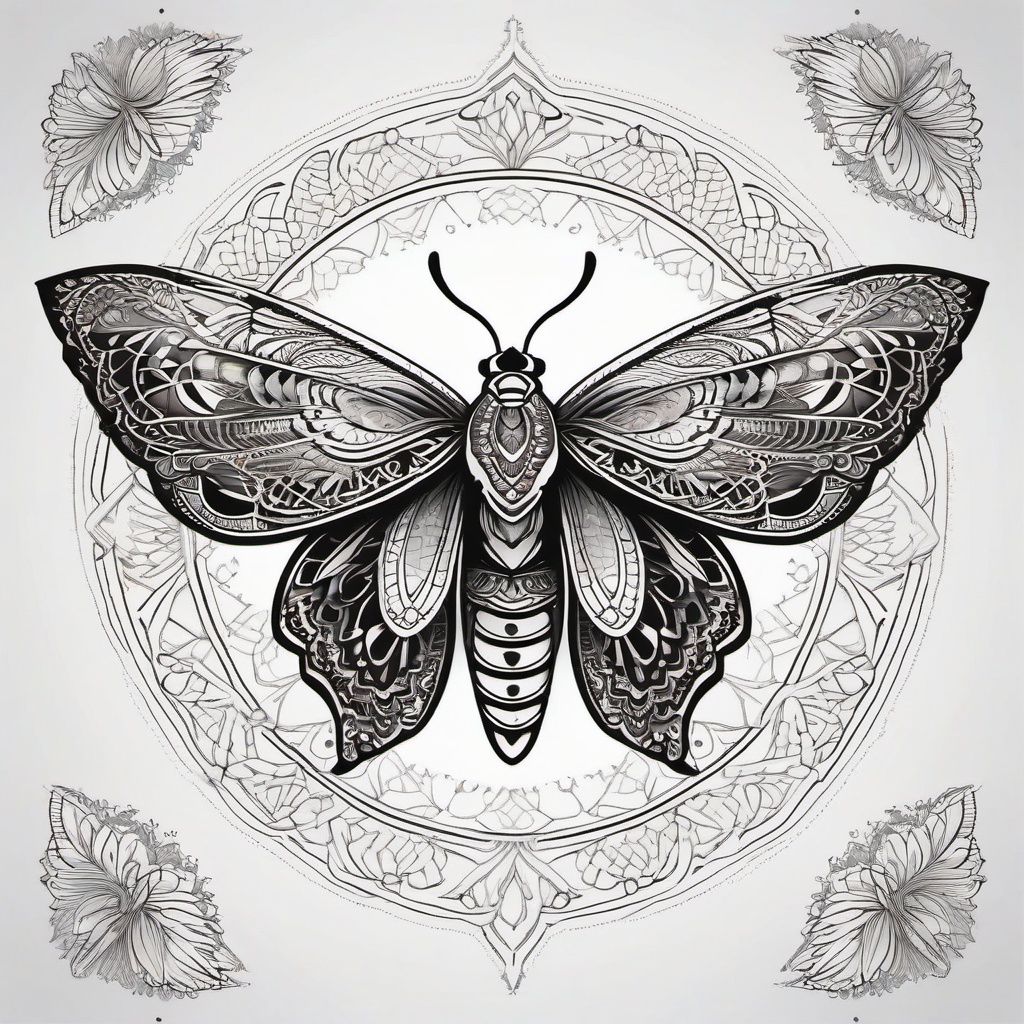 Moth Mandala Tattoo - Combine intricate mandala patterns with the delicate beauty of a moth in a visually stunning tattoo design.  simple vector color tattoo, minimal, white background