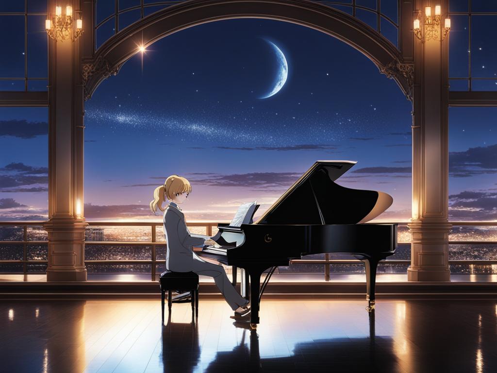 shigatsu wa kimi no uso creates breathtaking music with a grand piano on a moonlit stage. 