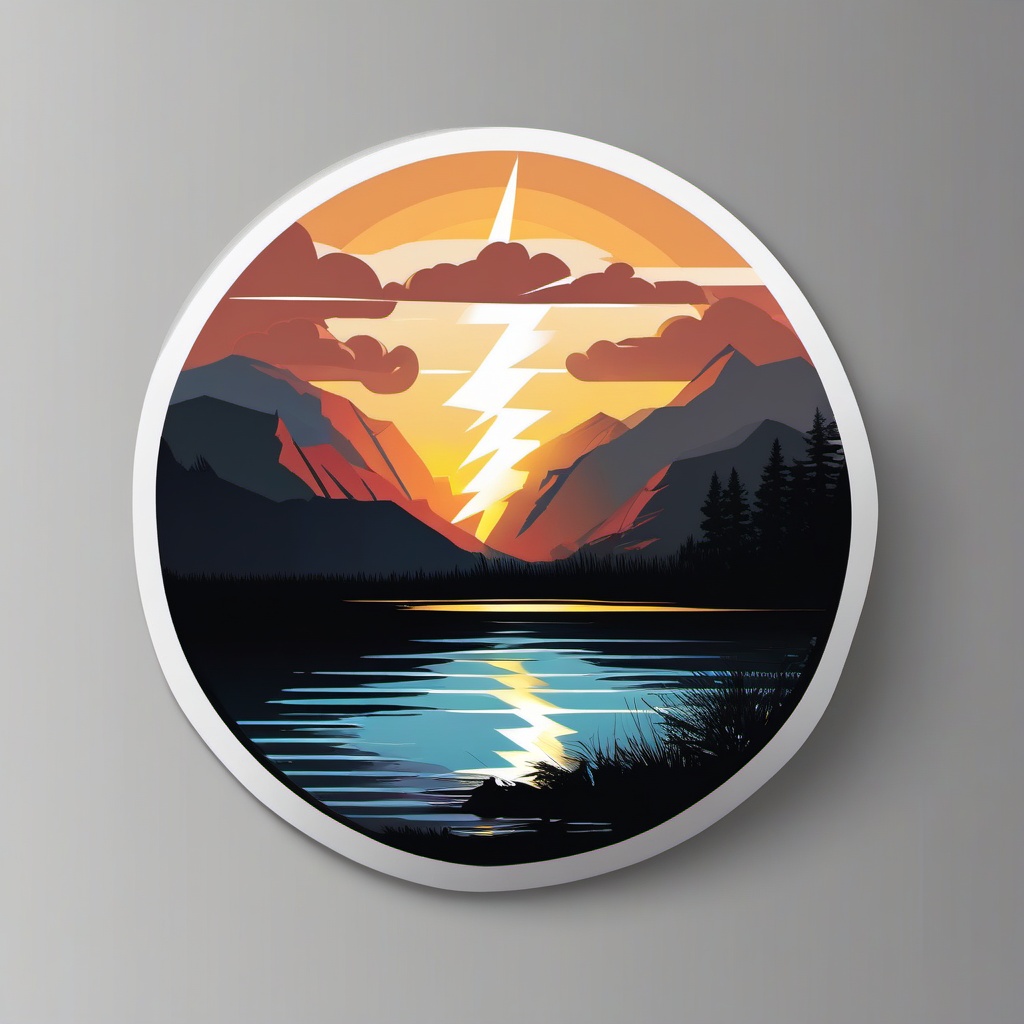 Lightning over lake sticker- Electric reflections, , sticker vector art, minimalist design