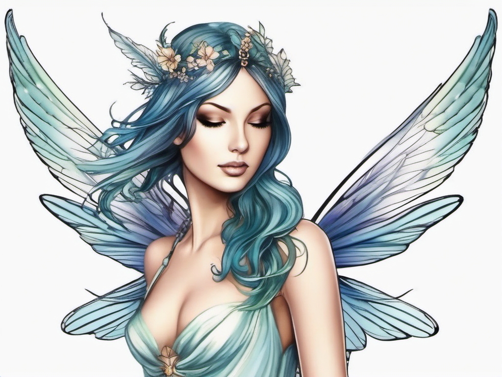 fairy flying tattoo  simple color tattoo style,white background