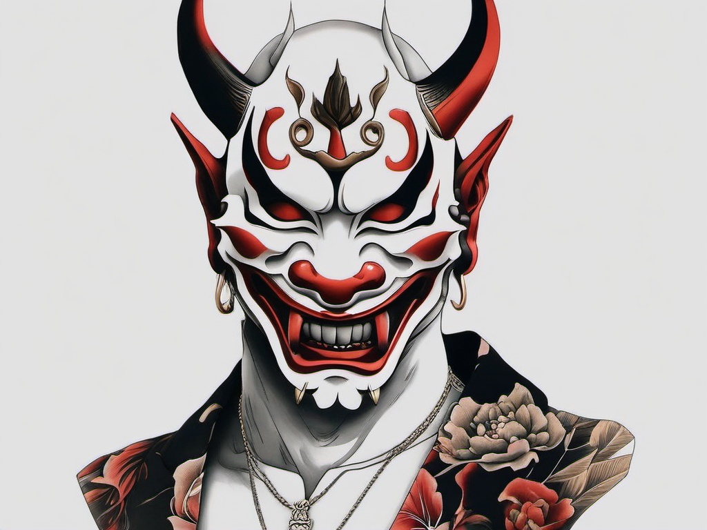 hannya mask throat tattoo  simple color tattoo,white background,minimal