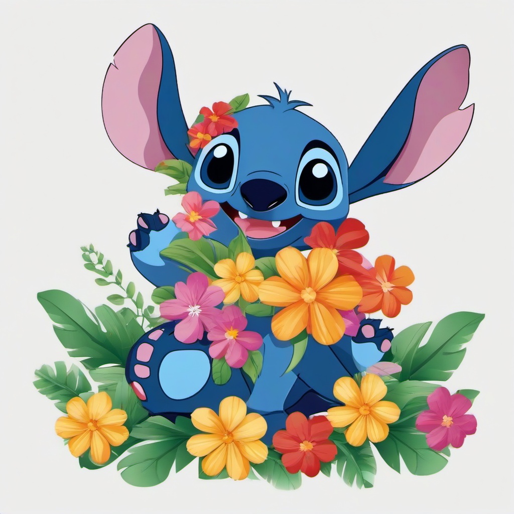 Stitch clipart - Stitch with colorful flowers around him  color,minimalist,vector clipart