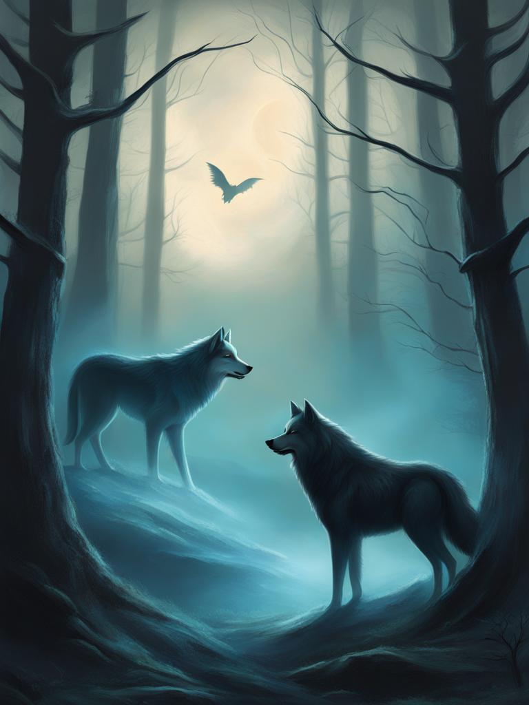 illustrate a haunted forest with spectral wolves and ghostly apparitions. 