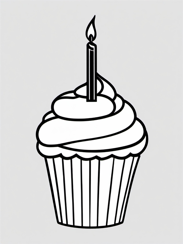 Birthday Cupcake with Candle Coloring Pages - Single Cupcake with Lit Candle  minimal black outline printable sheet, coloring page