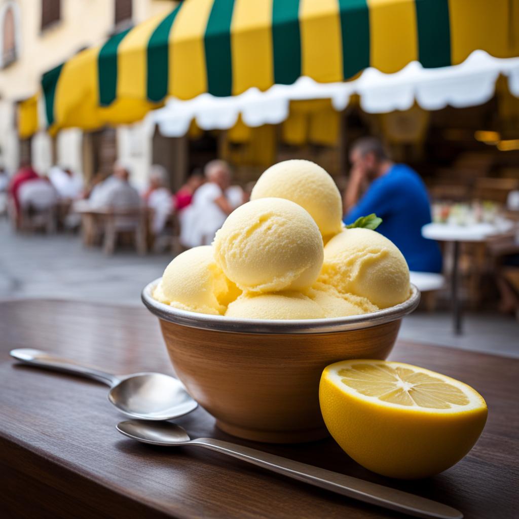 sorbetto al limone, italian lemon sorbet, enjoyed at a gelato shop on the amalfi coast. 