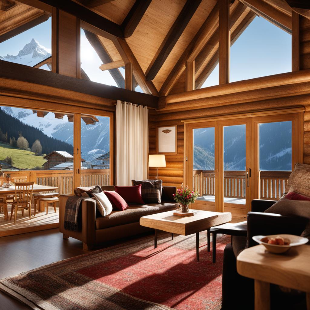 alpine chalets, with cozy log cabins, provide respite in the swiss alps. 