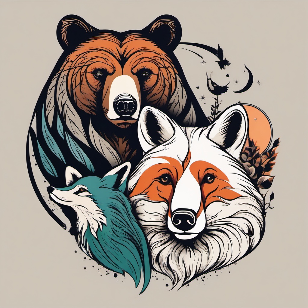 bear and fox tattoo  simple vector color tattoo