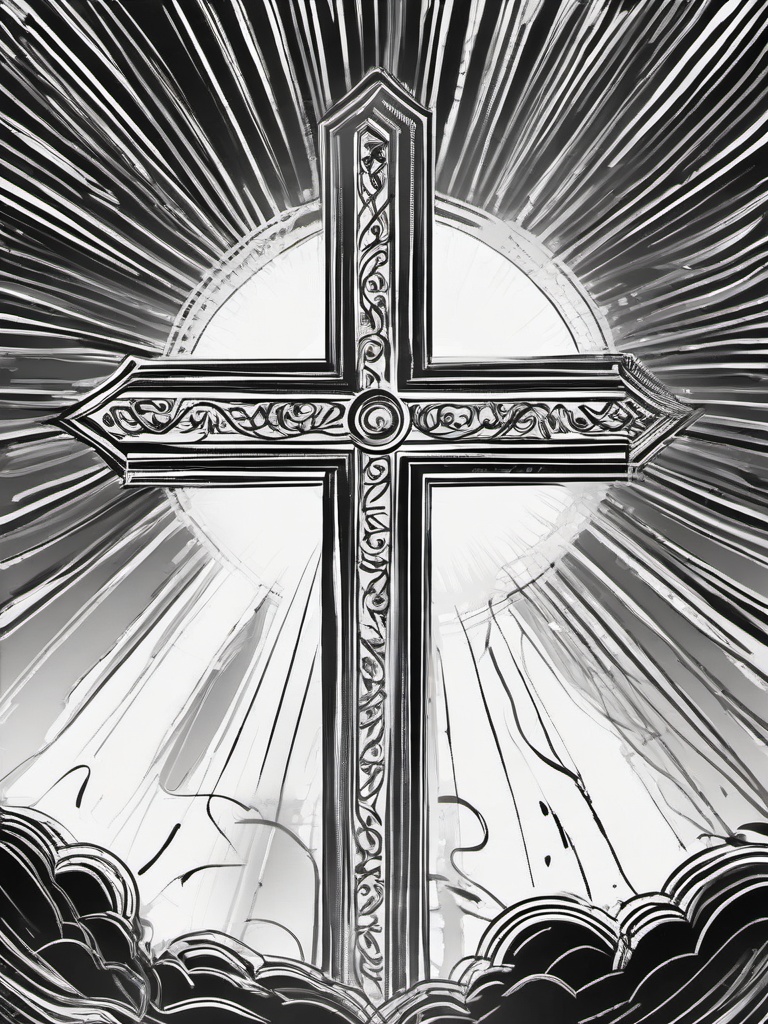 drawing of a cross with the sun behind it  minimal rough sketch scribbles,doodles,black and white