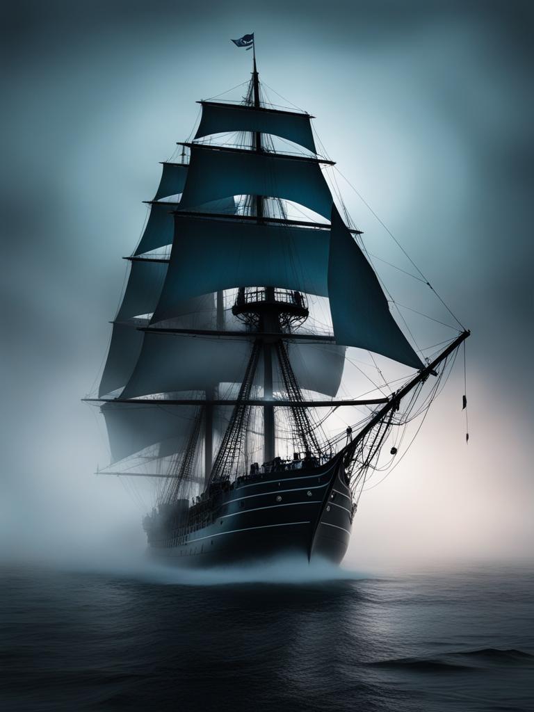 mysterious ghost ship sailing through a fog-shrouded, haunted sea. 