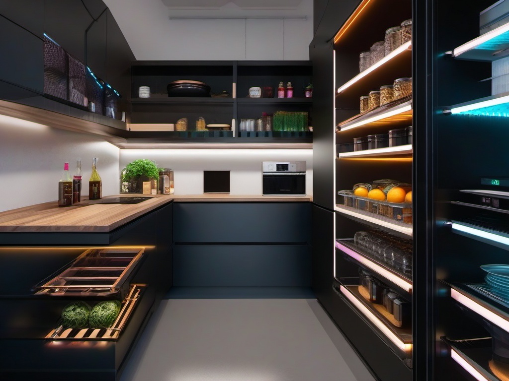 The pantry showcases cyberpunk interior design with organized shelving, high-tech features, and vibrant accents that make food storage both practical and stylish.  