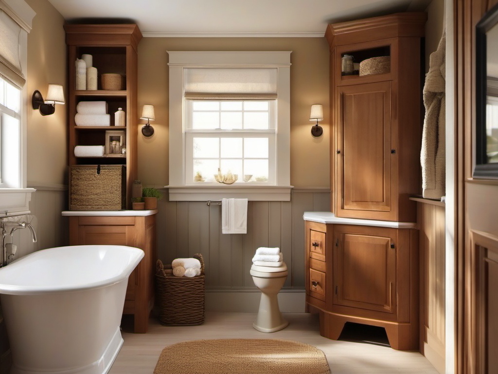 Country small bathroom combines sturdy cabinetry, warm colors, and simple decorations to create a cozy atmosphere for relaxation.  