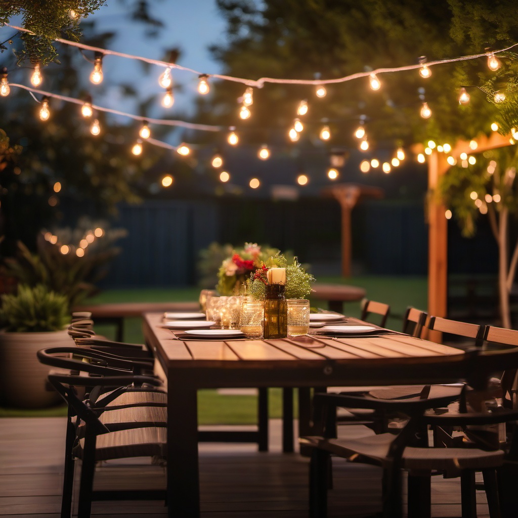 Outdoor Dining Patio - Outdoor dining patio with a large table and string lights. realistic, professional photography, bokeh, natural lighting, canon lens, shot on dslr 64 megapixels sharp focus