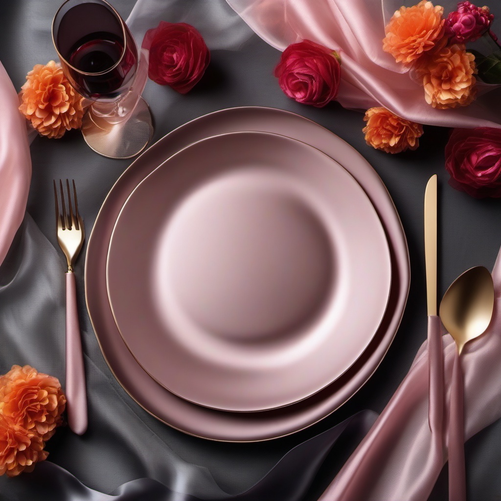 Silk organza table settings top view, product photoshoot realistic background, hyper detail, high resolution