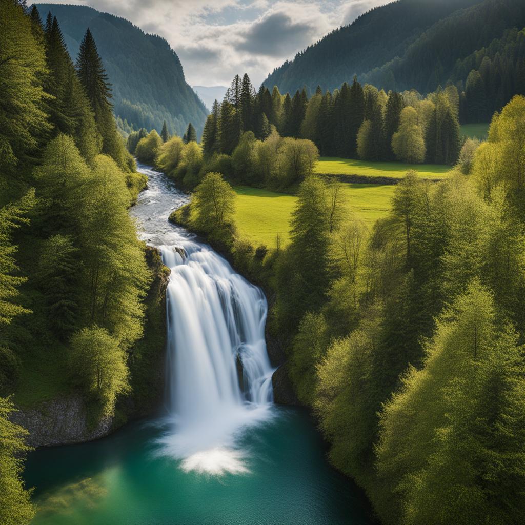 allgäu waterfall quest - create an artwork inspired by the quest to discover hidden waterfalls in the allgäu region, with pristine cascades. 