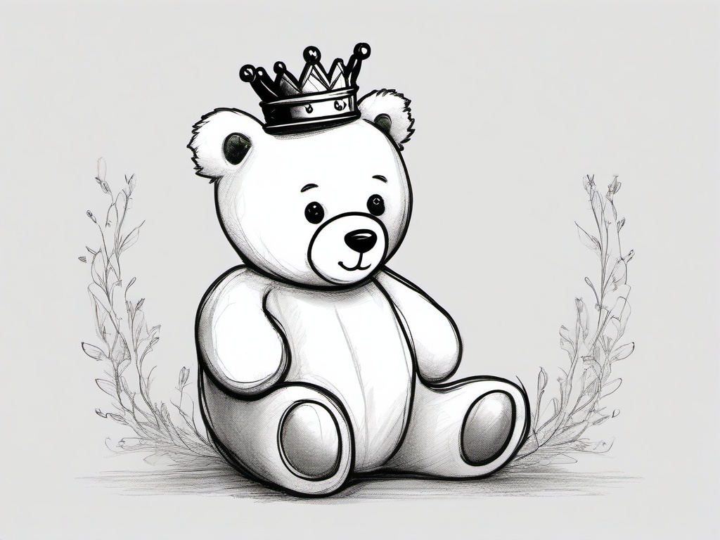 drawing of a teddy bear with a crown  minimal rough sketch scribbles,doodles,black and white