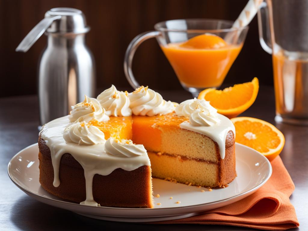 orange creamsicle cake with an orange zest glaze, devoured at a retro soda fountain. 