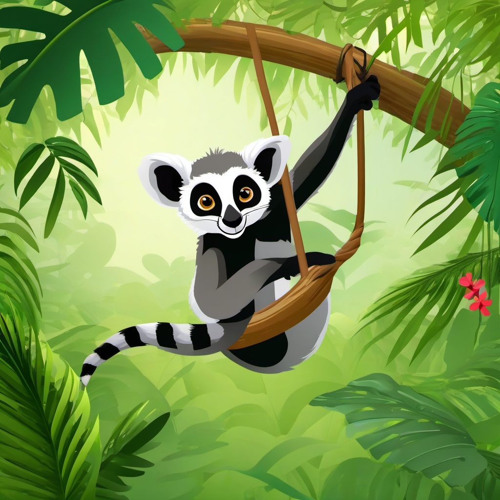 Lemur Clipart in the Rainforest,Playful lemur swinging through the lush rainforest, signifying social connections and adaptability. 