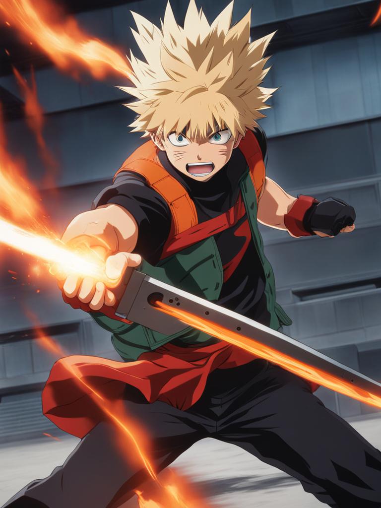 katsuki bakugo blasts explosive attacks during intense combat training. 