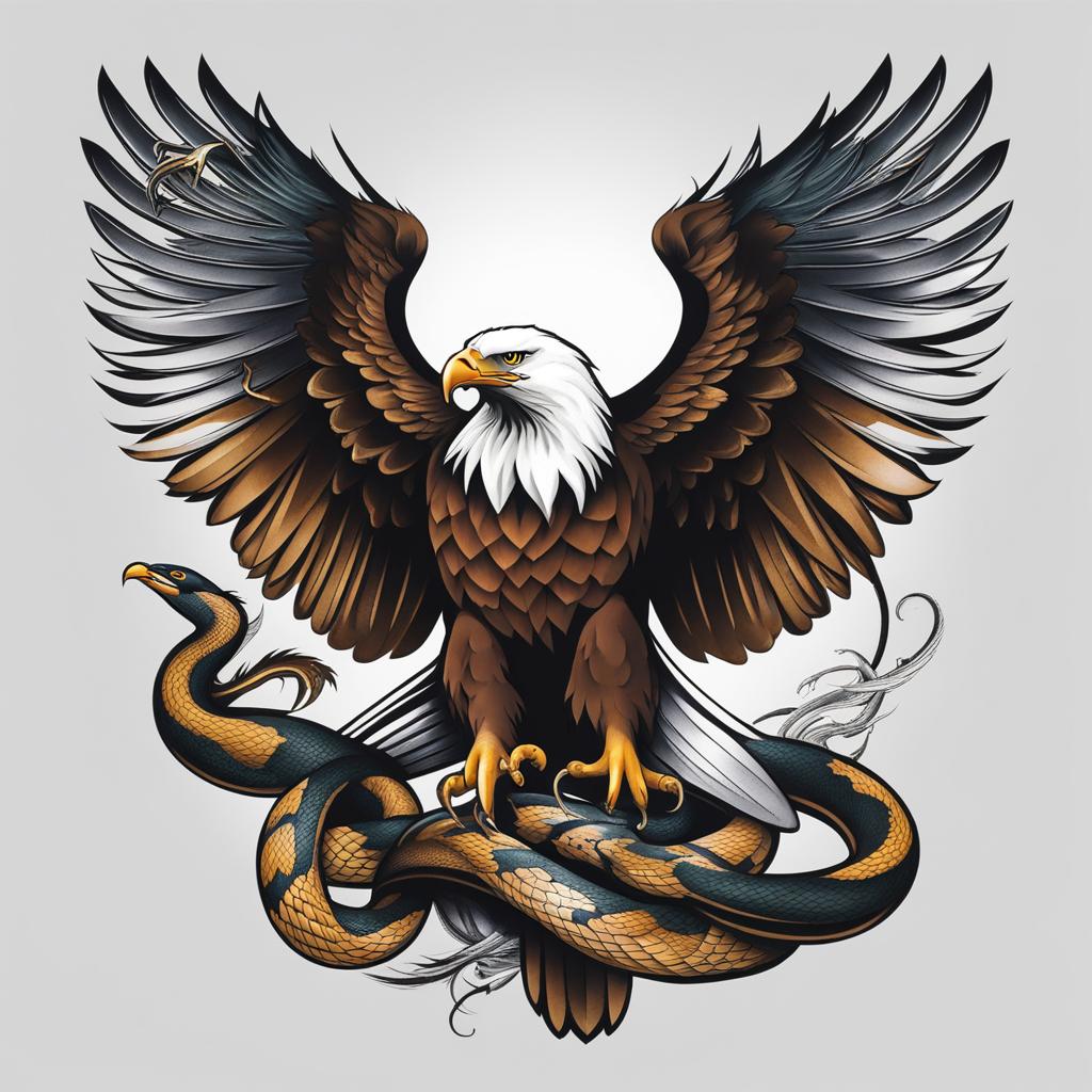 Eagle and snake tattoo, Tattoos that combine the grace of eagles with the symbolism of snakes. colors, tattoo patterns, clean white background