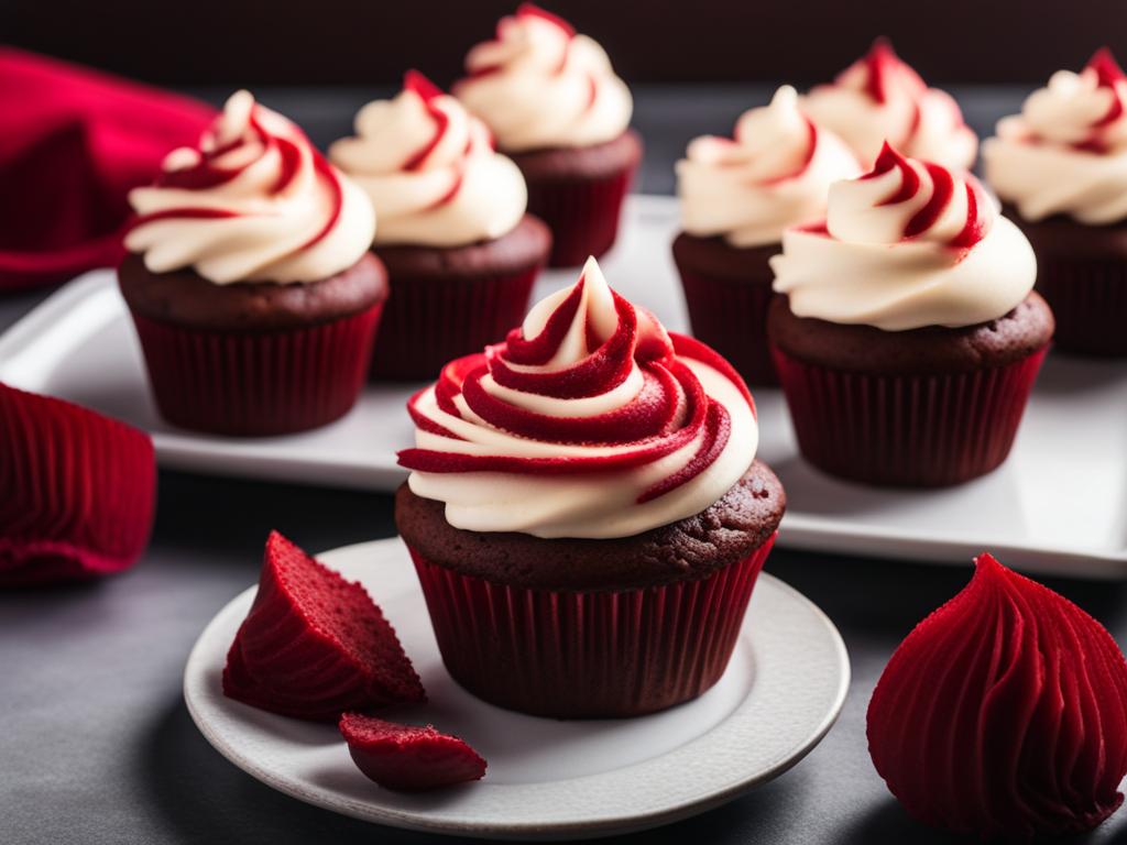 a perfectly frosted red velvet cupcake, crowned with a swirl of cream cheese frosting. 