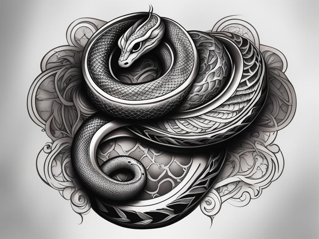 snake tattoo design with intricate patterns and symbolism related to rebirth and transformation. 