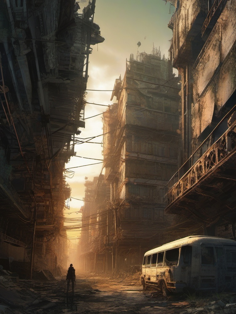 Post-Apocalyptic World Anime Background intricate details, patterns, wallpaper photo