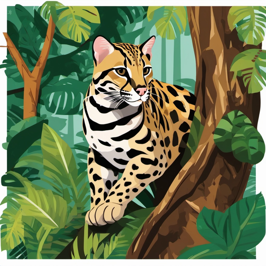 Ocelot Clipart - Ocelot perched in the rainforest trees , minimal, 2d