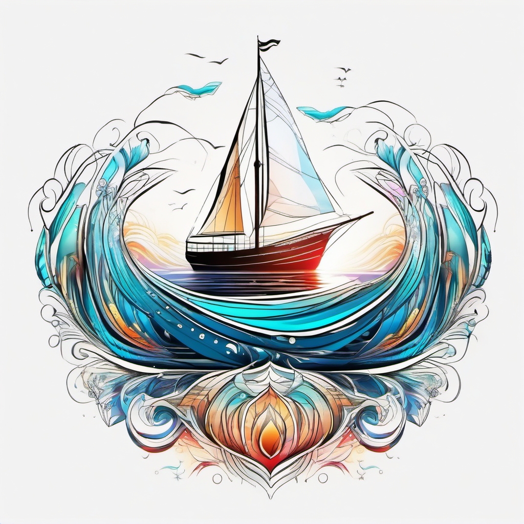 Abstract boat heartbeat tattoo. Rhythm of seafaring dreams.  color tattoo, white background