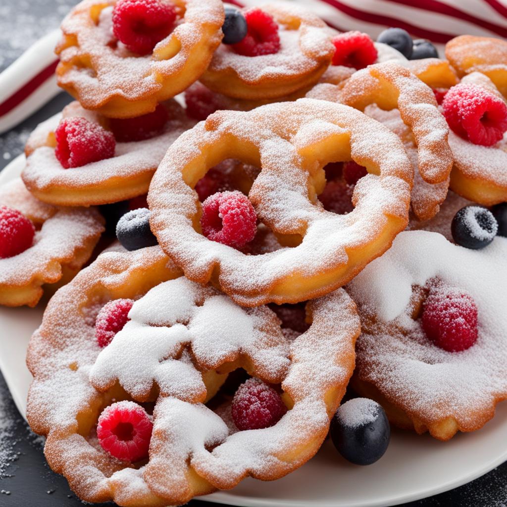 funnel cake, deep-fried dough topped with powdered sugar or fruit. 