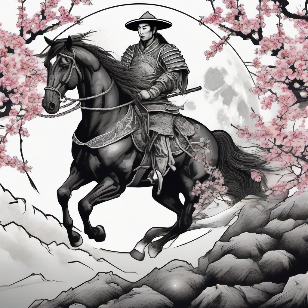 Black horse with chinese warrior with a farmers hat on back, in black and white, and cherry blossom tree in 
 and the moon in background   ,tattoo design, white background