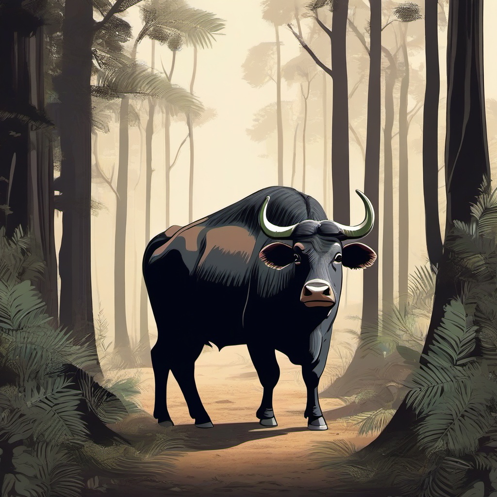 Gaur cartoon - Gaur grazing in a dense forest  