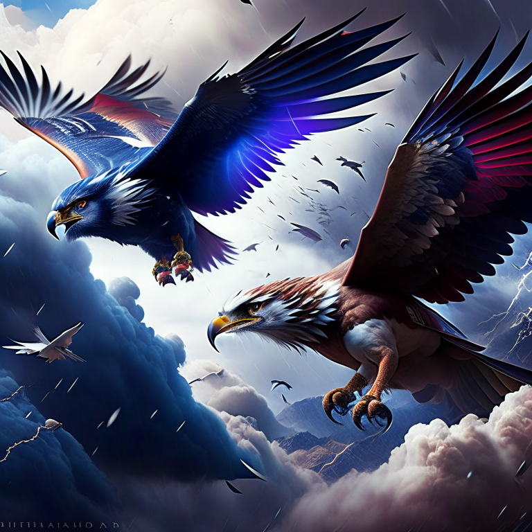 thunderbird vs roc - skyward duel in a turbulent storm, colossal birds of prey swooping and clashing mid-air. 