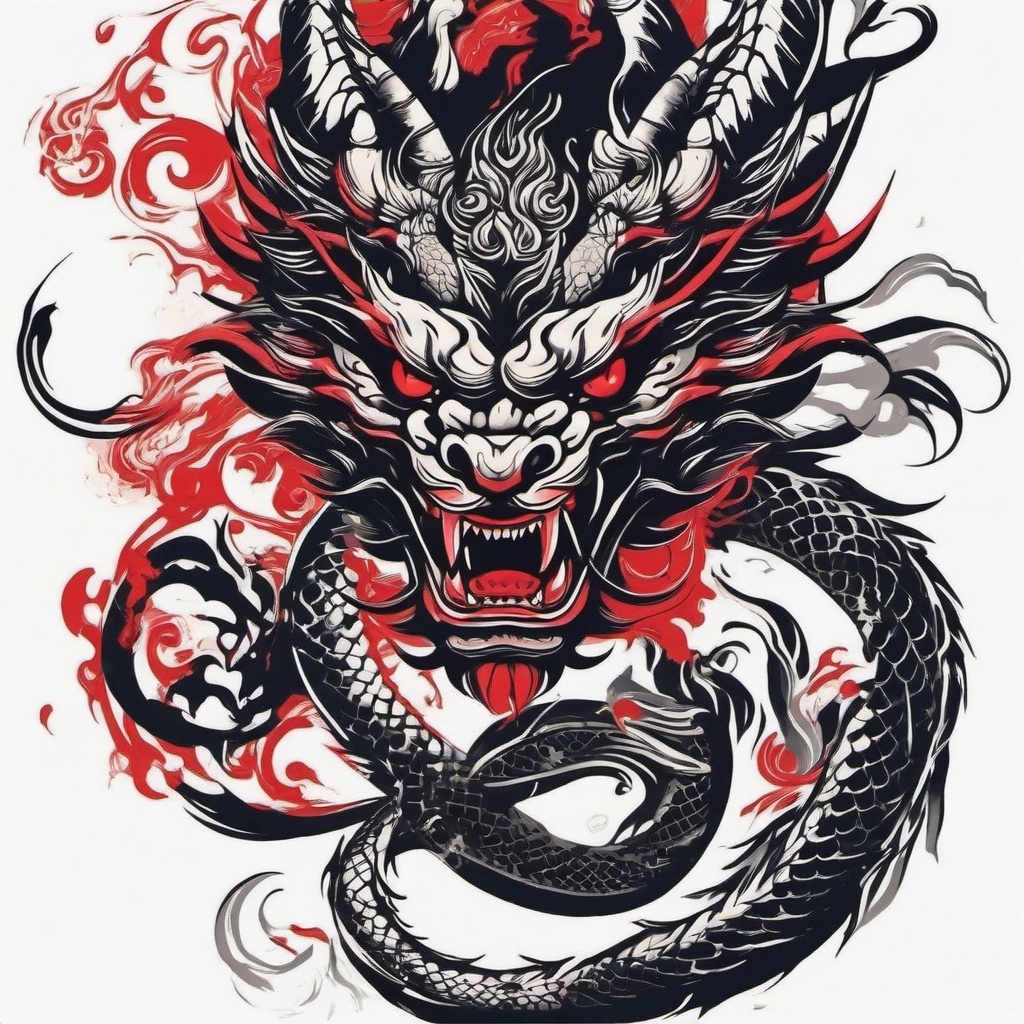 Oni Dragon Tattoo - Tattoo combining dragon and oni (demon) elements.  simple color tattoo,minimalist,white background