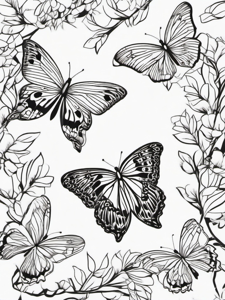 Butterflies on a Tree Coloring Pages - Colorful Butterflies Resting on Branches  minimal black outline printable sheet, coloring page