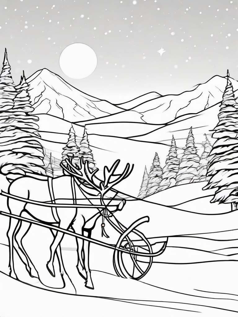 Santa and Reindeer in the Snow Coloring Pages - Guiding His Sleigh Through Snowy Nights  minimal black outline printable sheet, coloring page